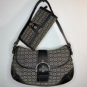 COACH 6808 Soho Shoulder Bag Canvas Signature C Leather Buckle Flap + Wallet Set